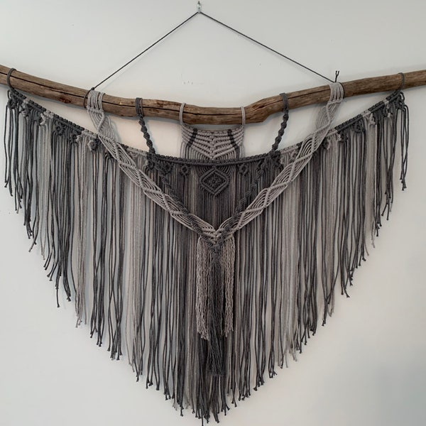 Large charcoal and grey macrame wall hanging, macrame on driftwood, Extra Large, Headboard Macrame, Wall Hanging Macrame, Two tone macrame