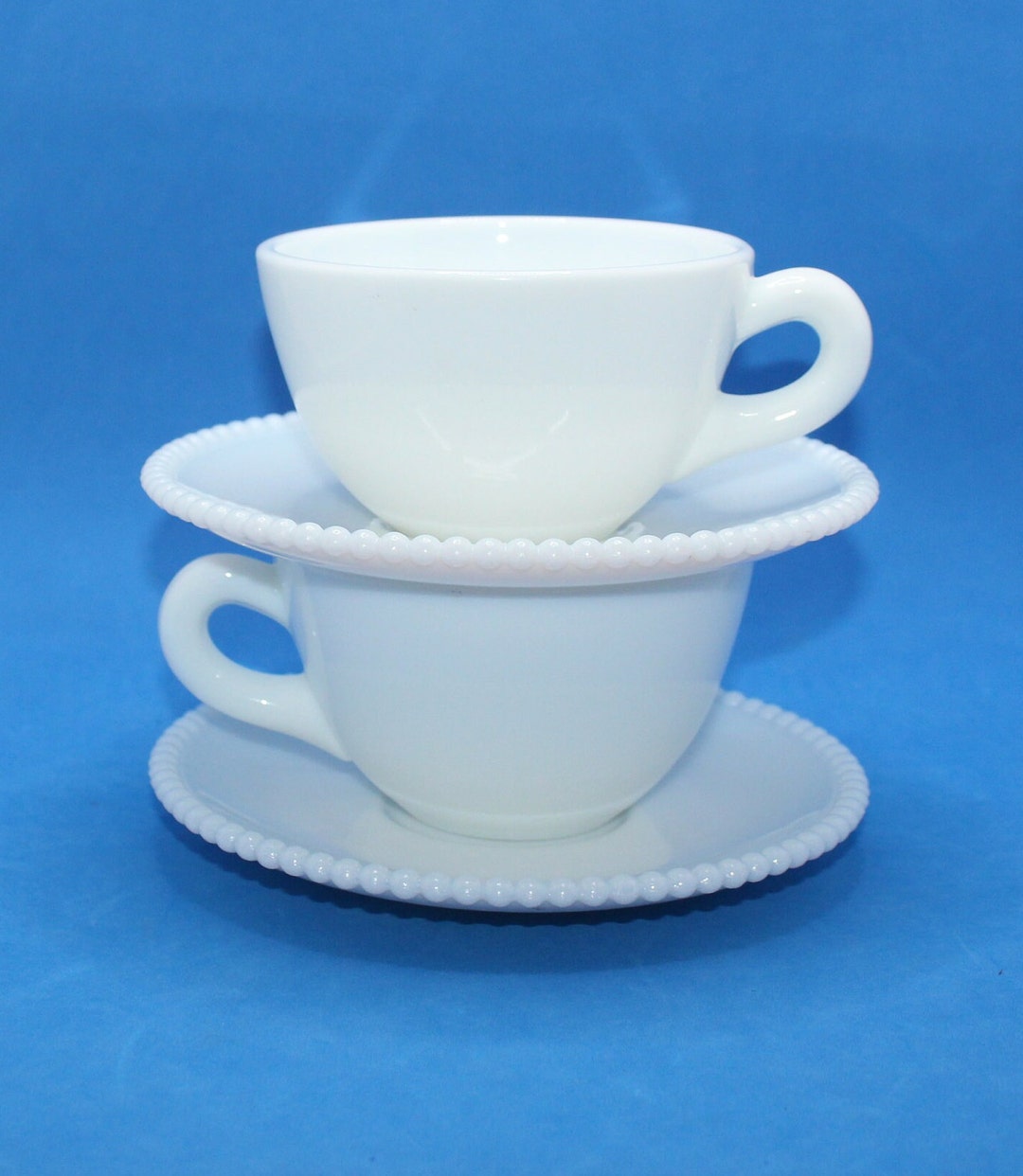 Westmoreland Milk Glass Tea Cup and Beaded Saucer Sets 4 Etsy