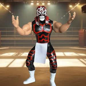 May include: A toy action figure of a wrestler in a black and red outfit with a mask. The figure has white boots and a white cloth hanging from the waist. The text "Pentagon Jr" is at the bottom.