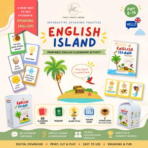 Può includere: Set di attività didattica stampabile English Island per la pratica orale, include 88 carte, un passaporto, 10 titoli isola, una guida per l'insegnante e 2 scatole. Il design presenta una palma, una scimmia, un forziere e un pappagallo.
