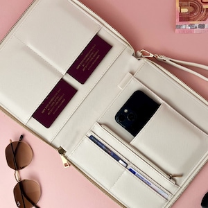 Travel Wallet: PU Leather Document Organiser Clutch with Wristlet - Personalised Passport holder