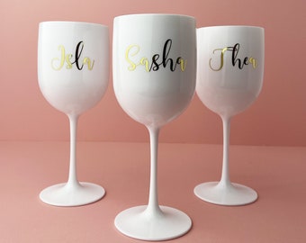 Personalised White Plastic Wine Glass: Reusable Party Favour, Event Glassware