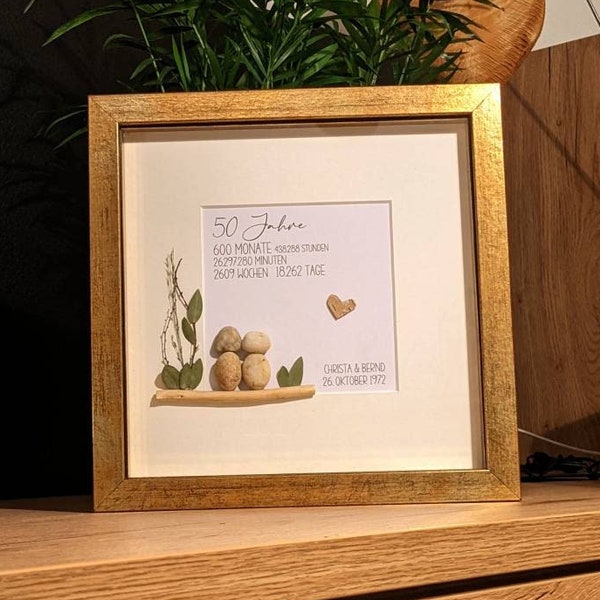 Stone picture, personalizable stone picture, 26 x 26 cm, wood look & glass pane, golden wedding anniversary gift, wedding gift, silver wedding anniversary