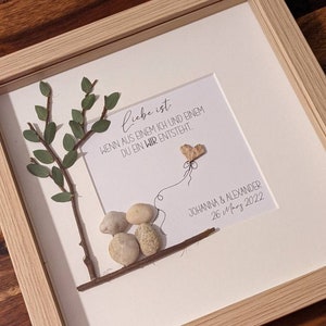 Stone picture, personalizable stone picture, 26 x 26 cm, frame in wood look & glass pane, wedding gift, wedding gift, registry office