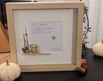 Steinbild, Personalisierbares Steinbild, 26x26cm Holzoptik & Glasscheibe, Geschenk zur goldenen Hochzeit, Hochzeitsgeschenk, Silberhochzeit