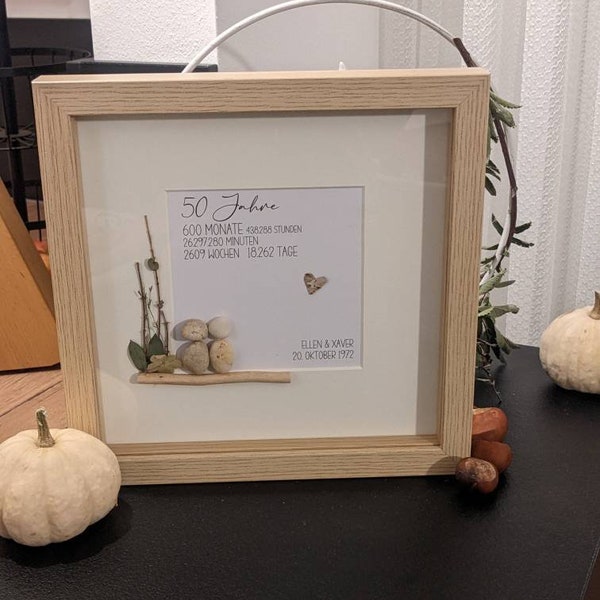 Steinbild, Personalisierbares Steinbild, 26x26cm Holzoptik & Glasscheibe, Geschenk zur goldenen Hochzeit, Hochzeitsgeschenk, Silberhochzeit