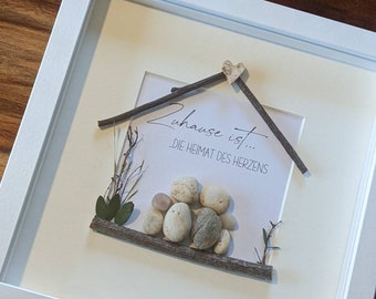 Personalizable stone picture in wood look & glass pane, family, home, housewarming gift, birthday gift, moving in, Christmas gift