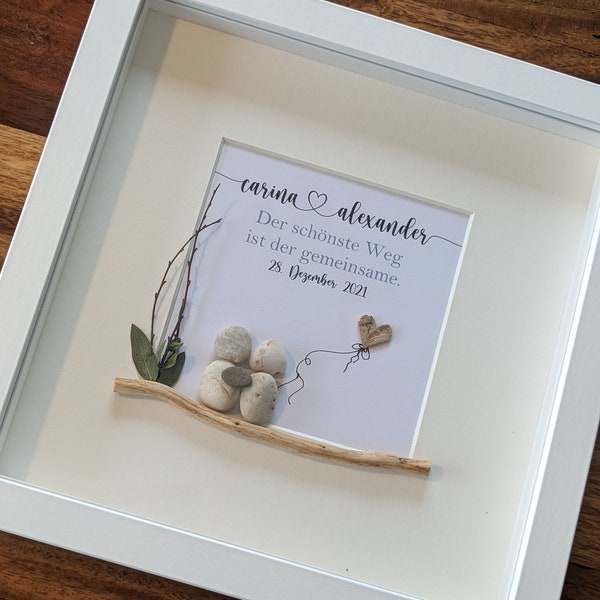 Stone picture, customizable stone picture, 26 x 26 cm, frame in wood look & glass pane, wedding gift, wedding gift, registry office