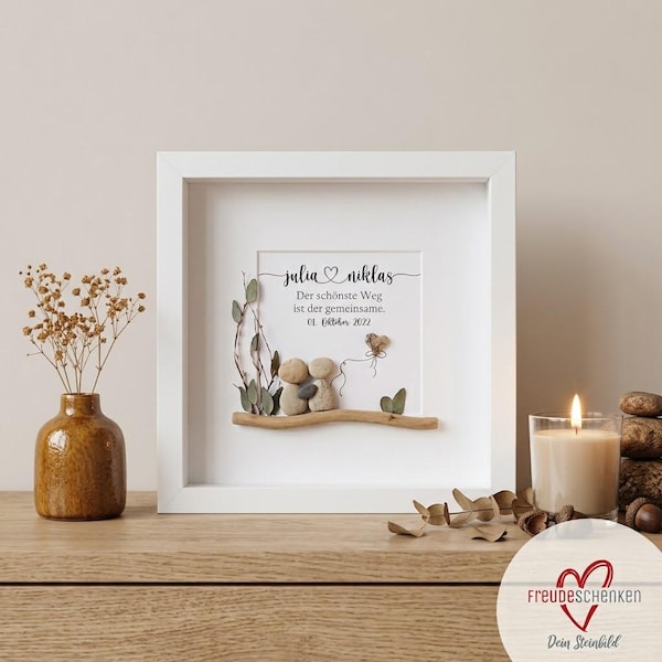 Steinbild, Personalisierbares Steinbild,26x26cm, Rahmen in Holzoptik & Glasscheibe, Geschenk zur Hochzeit, Hochzeitsgeschenk personalisiert