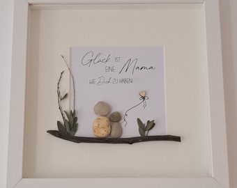 Steinbild, Personalisierbares Bild, Rahmen in Holzoptik & Glasscheibe, Mama, Mutter, Mami, Geschenk zum Geburtstag, Muttertagsgeschenk