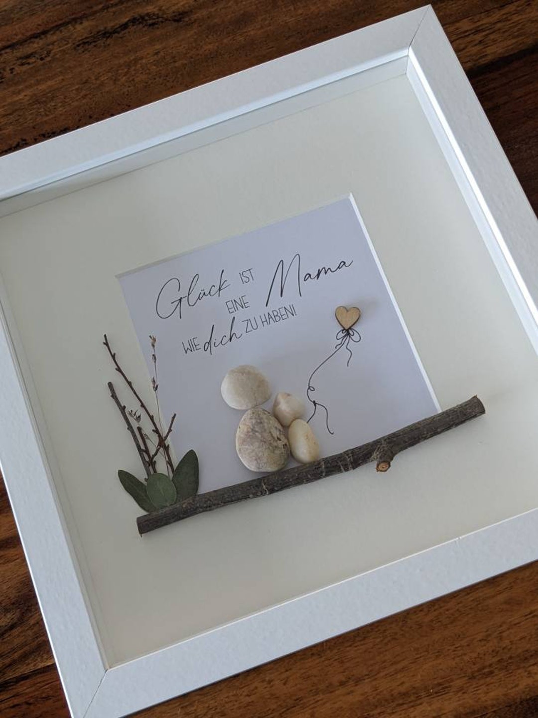 Steinbild, Personalisierbares Bild, Rahmen in Holzoptik & Glasscheibe