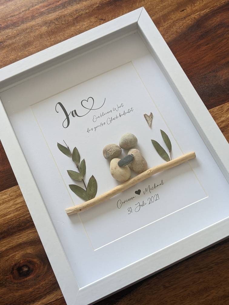 Steinbild, Personalisierbares Steinbild, Rahmen in Holzoptik & Glasscheibe, Geschenk zur Hochzeit, Hochzeitsgeschenk, Standesamt