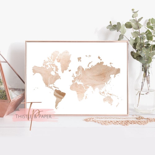 World Map Wall Art Rose Gold Print World Map Poster Rose Etsy