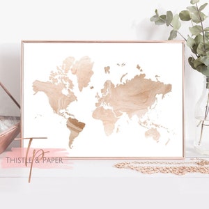 World Map Rose Gold Wall Art Print. Feminine Home Decor Poster Office Art Bedroom Kitchen Dining Travel Geography World Art Learning Prints