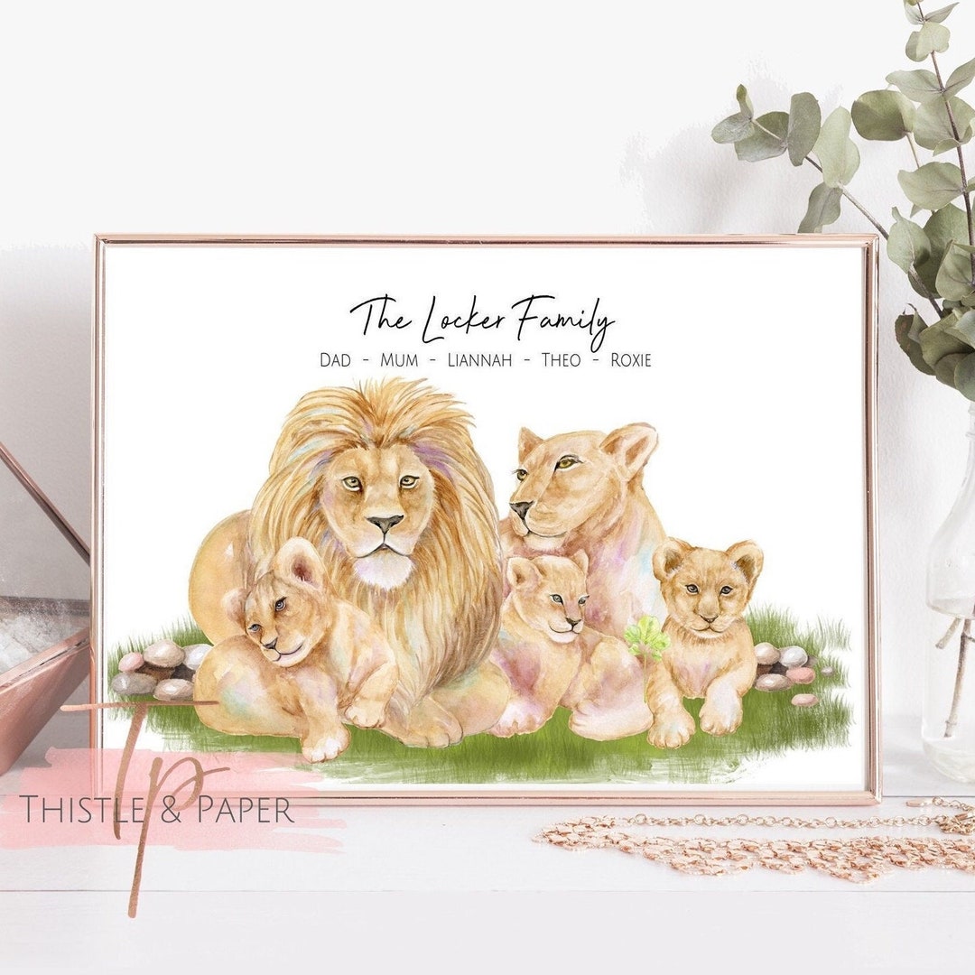 Löwenfamilie Wand Kunst Druck A4 Personalisiertes Poster Aquarell