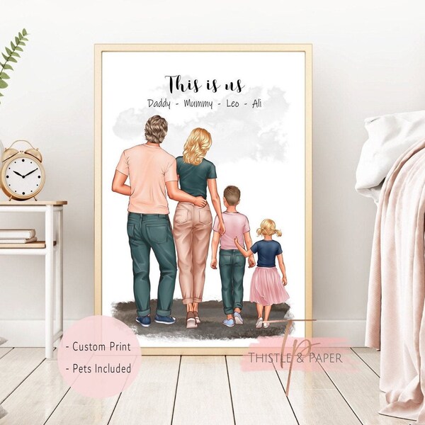 Family Print Wall Art With Pets. Cartoon Family Drawing. Custom Family Portrait. Family Illustration Wall Art. Family Home Gift Personalised