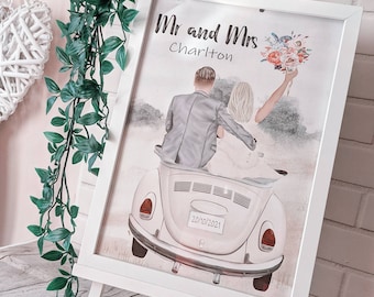 Just Married Wall Art Print. Newly Weds Gift. Personalised Wedding Drawing. Bride and Groom Gift. Mr and Mrs. Wedding Gift. Wedding Memory