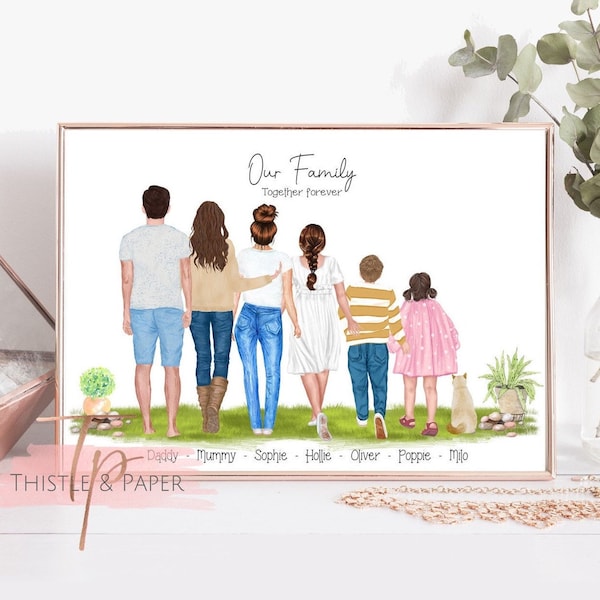 Family Print Personalised Wall Art With Pets. Cartoon Family Drawing. Custom Family Portrait .Family Illustration. Gift For Her. Printable