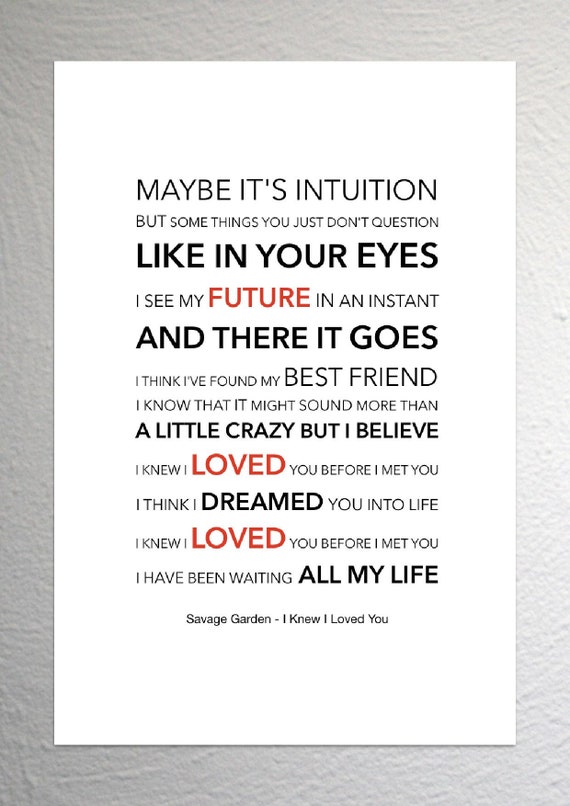 Savage Garden I Knew I Loved You Lyric Art Poster A4 Etsy