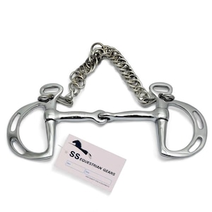 May include: A polished silver horse bit with a chain and D-shaped rings. The bit has a central joint and a tag that reads "SS Equestrian Gears". This equestrian equipment is designed for use with horses.