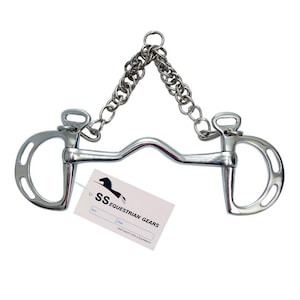 May include: A silver horse bit with a curved mouthpiece and D-rings. The bit has a chain attached to the rings.