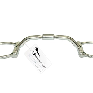 May include: A stainless steel horse bit with a curved mouthpiece and circular rings on each end. A white tag with the text "SS Equestrian Gears" is attached.