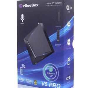 May include: A black V5 PRO Android OTT Media Box with the vSeeBox logo. The box features 4GB RAM, 32GB storage, and 8K HDR. It includes a Bluetooth remote, antenna, and supports Android 12.