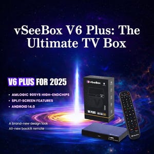 Puede incluir: Imagen promocional de vSeeBox V6 Plus, un decodificador de TV. La imagen presenta la caja del producto, un mando a distancia y el propio decodificador. El texto de la imagen incluye "V6 PLUS FOR 2025" y las características del producto. El fondo es azul oscuro con una luz brillante.