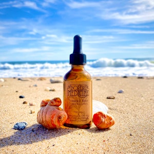 Puede incluir: Una botella de vidrio marrón de extracto de raíz de cúrcuma Boreal Medicine con un cuentagotas negro, colocada en una playa arenosa con raíces de cúrcuma. La etiqueta incluye el texto "Turmeric Root Curcuma Longa". El fondo muestra el océano y el cielo azul.