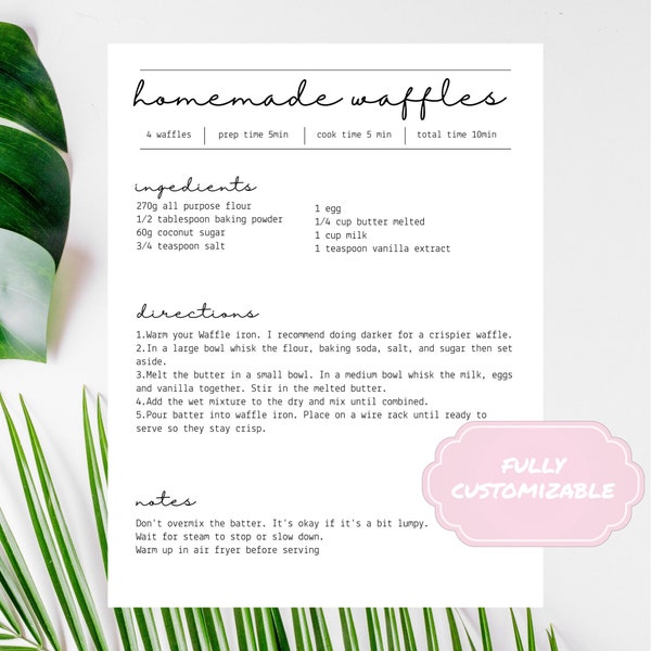 Minimal Recipe Page Template | Editable Simple Recipe Page | Modern Recipe Page | Printable Recipe Page | Personalized Recipe 8.5" X 11"