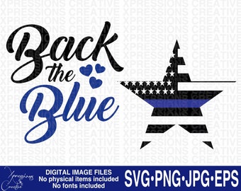 Peut inclure: Téléchargement numérique d'un design graphique représentant une étoile noire avec une ligne bleue et un motif de drapeau américain. Le texte "Back the Blue" est écrit en cursive noire et bleue avec trois cœurs bleus.