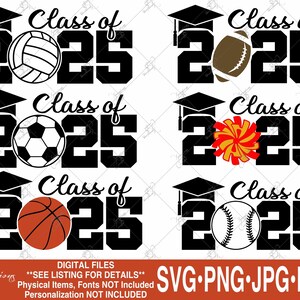 Pacote esportivo svg da turma de 2025, pacote para formandos de 2025, pacote svg de formatura de 2025, futebol, torcida, basquete, beisebol, vôlei, futebol