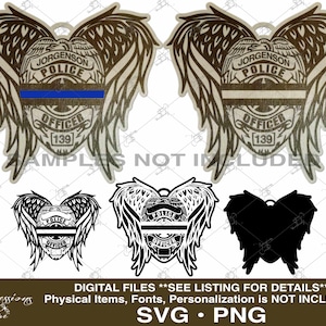 Può includere: Un design digitale di un distintivo della polizia con ali. Il distintivo dice "Jorgenson Police" e "Officer 139". Il design è disponibile in bianco e nero e a colori.