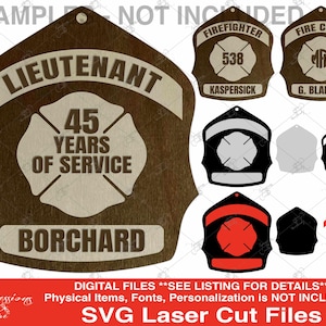 May include: A brown wooden firefighter's shield with a red and white cross in the center. The shield has the text "LIEUTENANT", "45 YEARS OF SERVICE", and "BORCHARD" on it. The shield is a digital file for laser cutting.