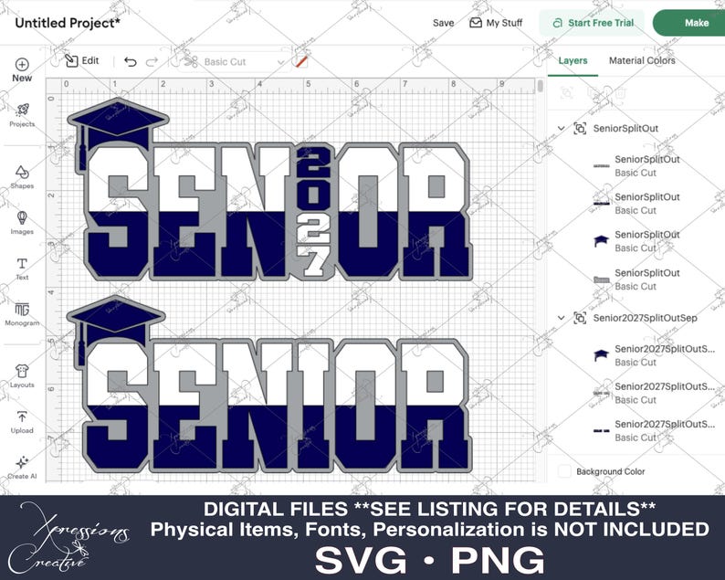 May include: A digital design featuring the word "SENIOR" in bold, block letters, with the year "2027" in the center. The design includes a graduation cap and is in navy blue, gray, and white. The bottom of the image includes the text "DIGITAL FILES... SVG &bull; PNG".
