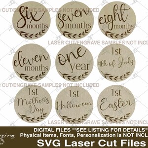 Puede incluir: Conjunto de 10 archivos SVG de corte por l&aacute;ser para manualidades. Los archivos presentan varios dise&ntilde;os para hitos mensuales, festivos y ocasiones especiales. Los dise&ntilde;os incluyen "Seis Meses", "Siete Meses", "Ocho Meses", "Once Meses", "Un A&ntilde;o", "1er 4 de Julio", "1er D&iacute;a de la Madre", "1er Halloween", y "1er Pascua".