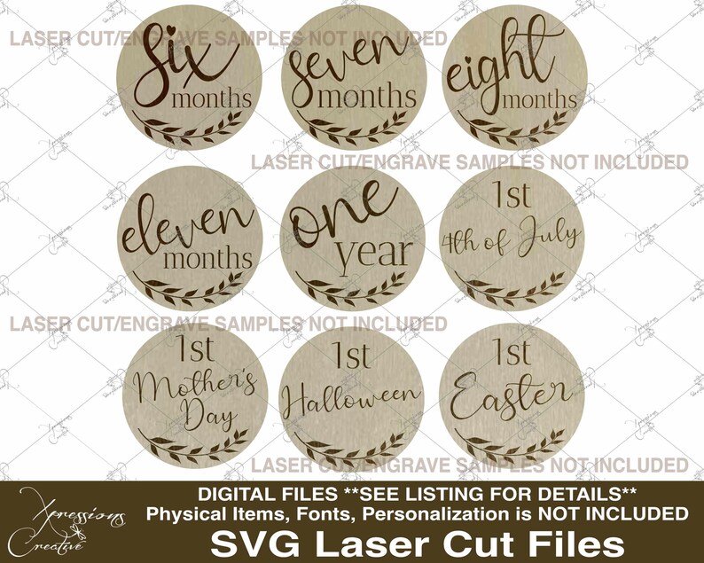 Puede incluir: Conjunto de 10 archivos SVG de corte por l&aacute;ser para manualidades. Los archivos presentan varios dise&ntilde;os para hitos mensuales, festivos y ocasiones especiales. Los dise&ntilde;os incluyen "Seis Meses", "Siete Meses", "Ocho Meses", "Once Meses", "Un A&ntilde;o", "1er 4 de Julio", "1er D&iacute;a de la Madre", "1er Halloween", y "1er Pascua".