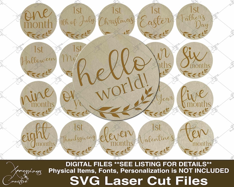 baby milestone markers, laser cut files, laser engrave files, laser cut baby rounds, baby round photography props, baby photo props, baby firsts, baby first milestone markers, xtool cut / engrave files, glow forge cut / engrave files, baby first holidays, baby rounds, baby svg bundle, baby laser bundle, baby bundle for laser cutting, hello world, newborn svg bundle, mothers day, baby shower gift ideas, baby shower gifts