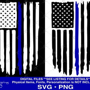 Könnte beinhalten: Distressed American Flag Design mit blauer Linie, in Schwarzweiß mit blauem Akzent. Das Bild zeigt Sterne und Streifen. Digitale Dateien sind in den Formaten SVG und PNG verfügbar.