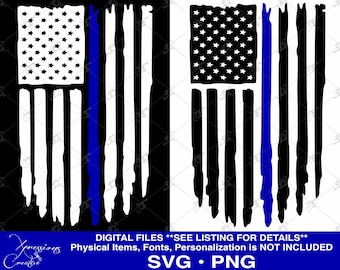 May include: Distressed American flag design with a blue line, featuring a field of stars and stripes. The image is in black and white with a vibrant blue accent. The design is available as digital files, SVG and PNG.