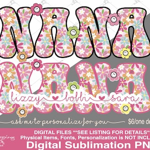 Retro Nana PNG, Nana com nomes de crianças, Retro Nana Split Monogram, Nana personalizada, Smiley Face Flowers, Flower Power Nana PNG, Nana personalizada
