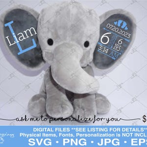 May include: A grey elephant plush toy with blue text on the ears. The text on the left ear says "Liam" and the text on the right ear says "07.20.2023 6 pounds 19.5 in 3:14 AM".