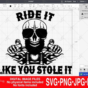 May include: Black and white digital graphic featuring a skull wearing sunglasses and a beard, riding a motorcycle. The text "RIDE IT LIKE YOU STOLE IT" is above and below the skull. The image is labeled "SVG.PNG.JPG.EPS".