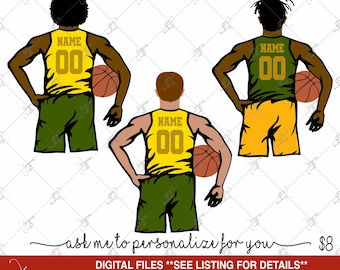 May include: Three basketball players in different poses, wearing yellow and green jerseys with the word "NAME" and the number "00" on the back. Each player is holding a basketball.