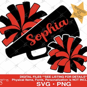Könnte beinhalten: Schwarze und rote Cheerleader-Pompons mit einem schwarzen Megaphon, auf dem das Wort "Sophia" in Rot steht. Das Megaphon ist eine digitale Datei zum Herunterladen.