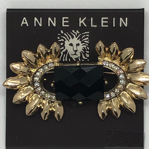 Anne Klein Brooch Black onyx style gemstone Gold tone