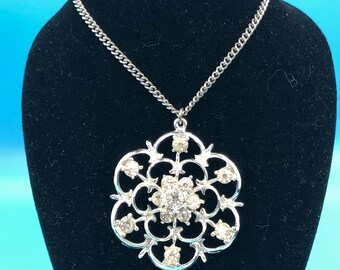 Vintage Art Deco Filigree Necklace with rhinestones silver tone with chain