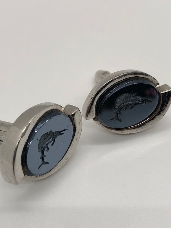Swordfish Merlin cufflinks carved on black glass s