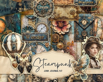 Steampunk Junk Journal Kit, Digital Industrial Paper, Victorian Printable, Digi Collage Sheet, Mechanical Scrapbook Kit, Vintage Ephemera