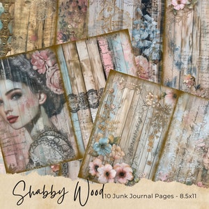 Shabby Chic Holz Junk Journal Kit (druckbare JPG Seiten und PDF Dateien), Pastell, Uhr, Vogel, Rose Digital Papier, digitaler Download